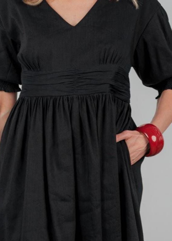 Black linen V-neck midi dress ‘’ Aurelie ‘’