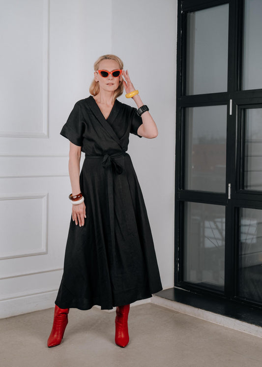Black linen wrap midi dress ‘’ Vivienne ‘’