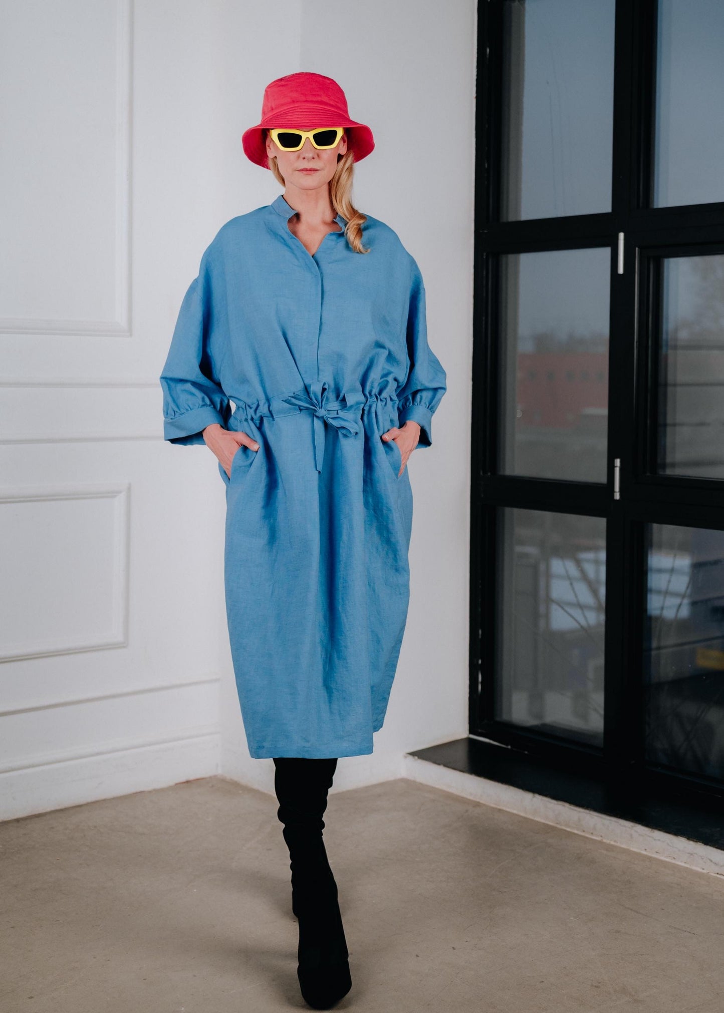 Chic sky blue linen cinched waist shirt dress
