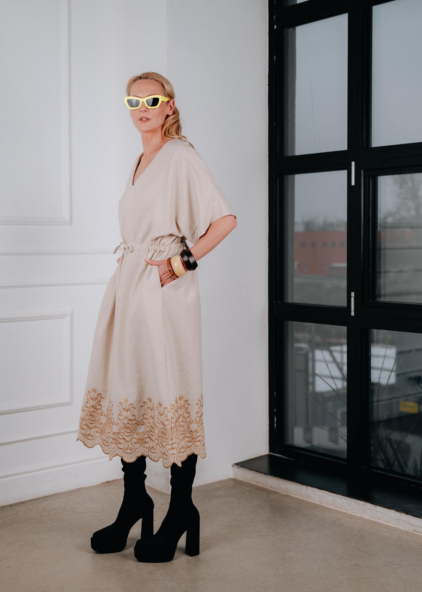 Boho kaftan dress with embroidered hem ( OVERSIZED)