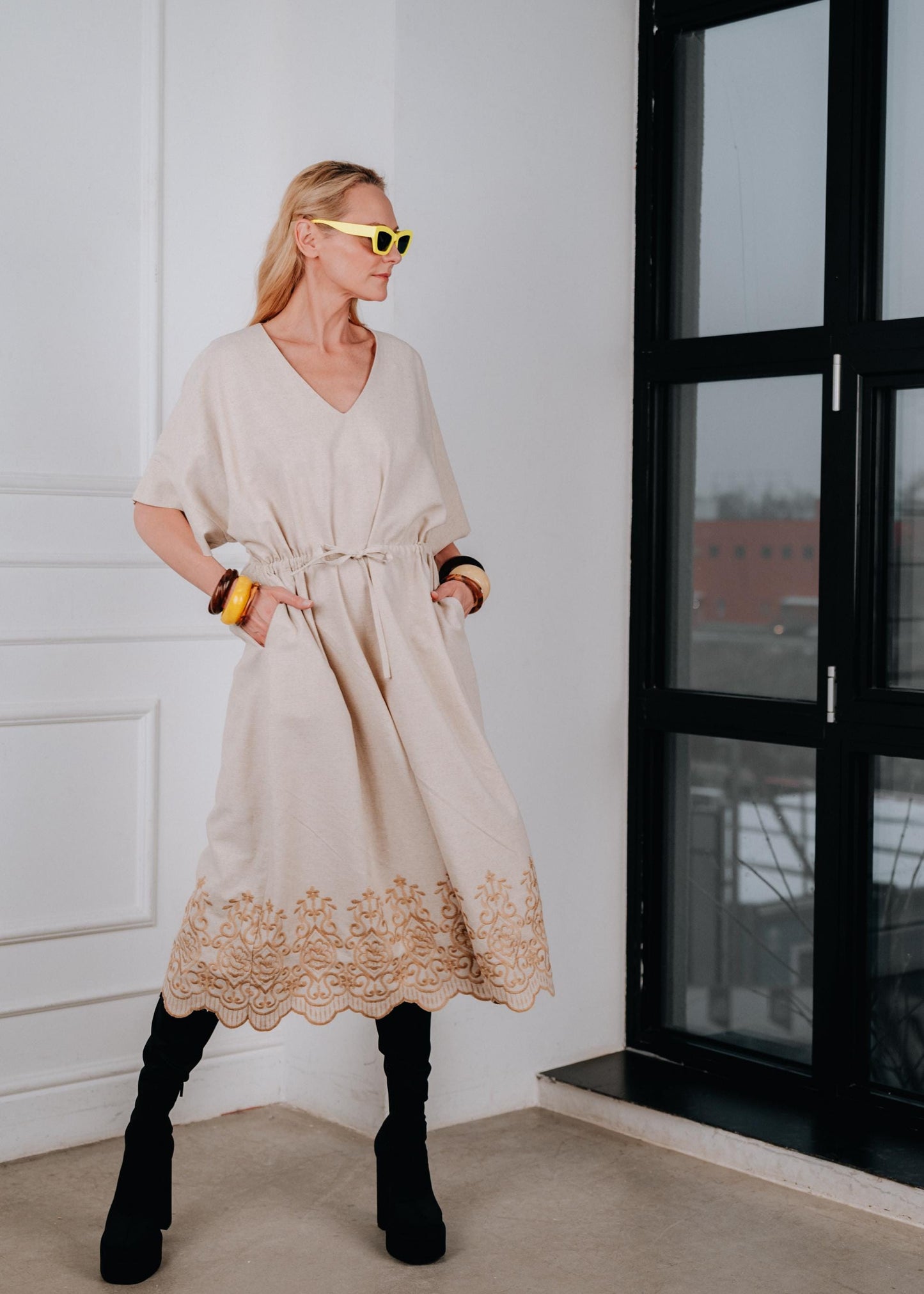 Boho kaftan dress with embroidered hem ( OVERSIZED)