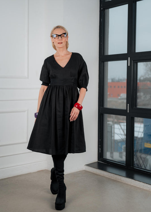 Black linen V-neck midi dress ‘’ Aurelie ‘’