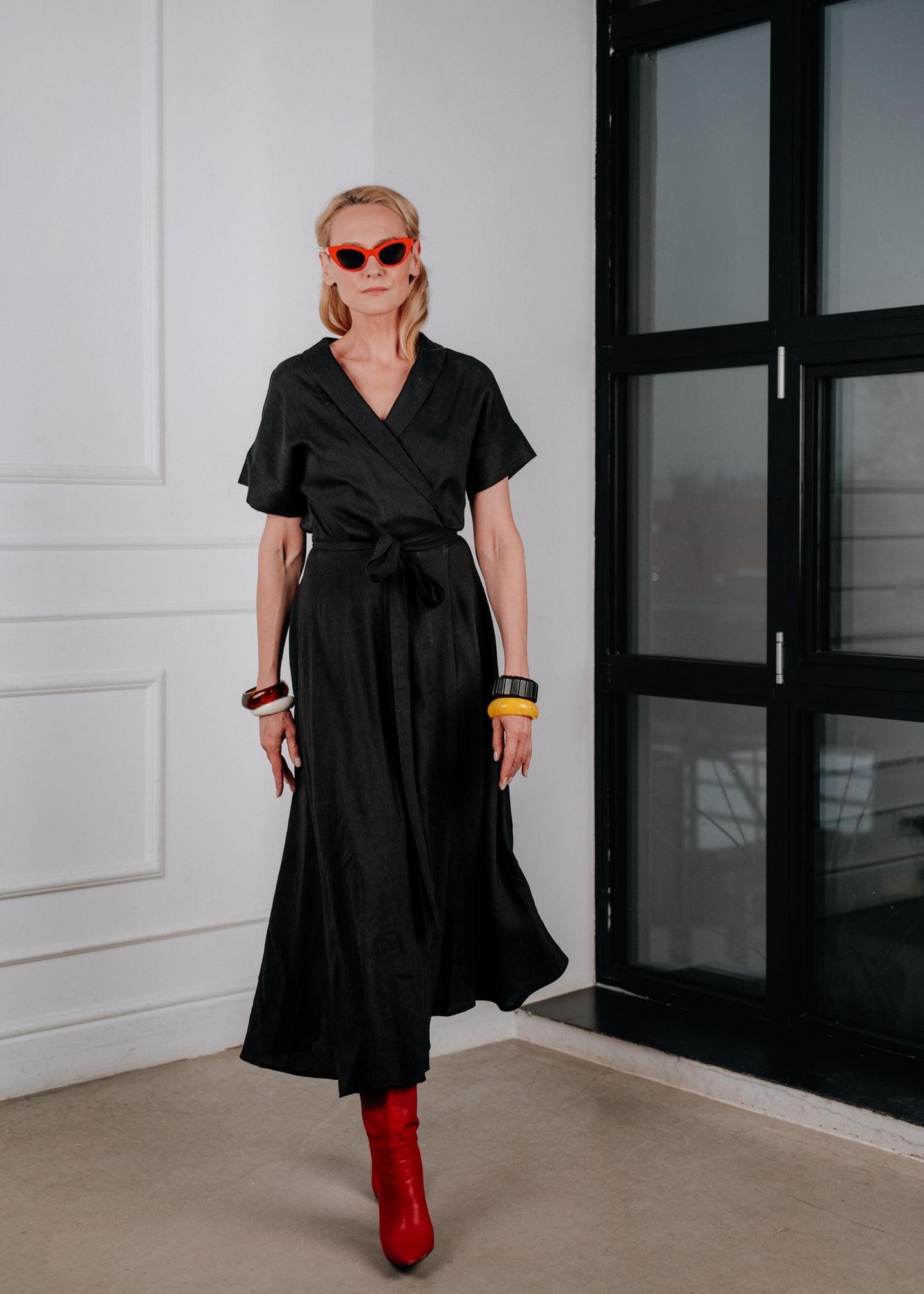 Black linen wrap midi dress ‘’ Vivienne ‘’