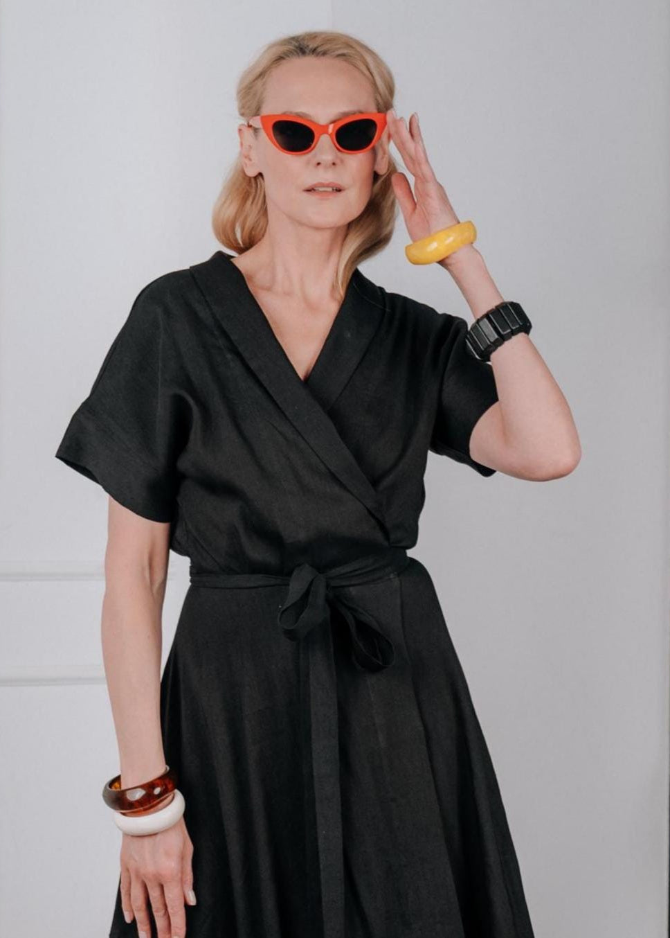 Black linen wrap midi dress ‘’ Vivienne ‘’