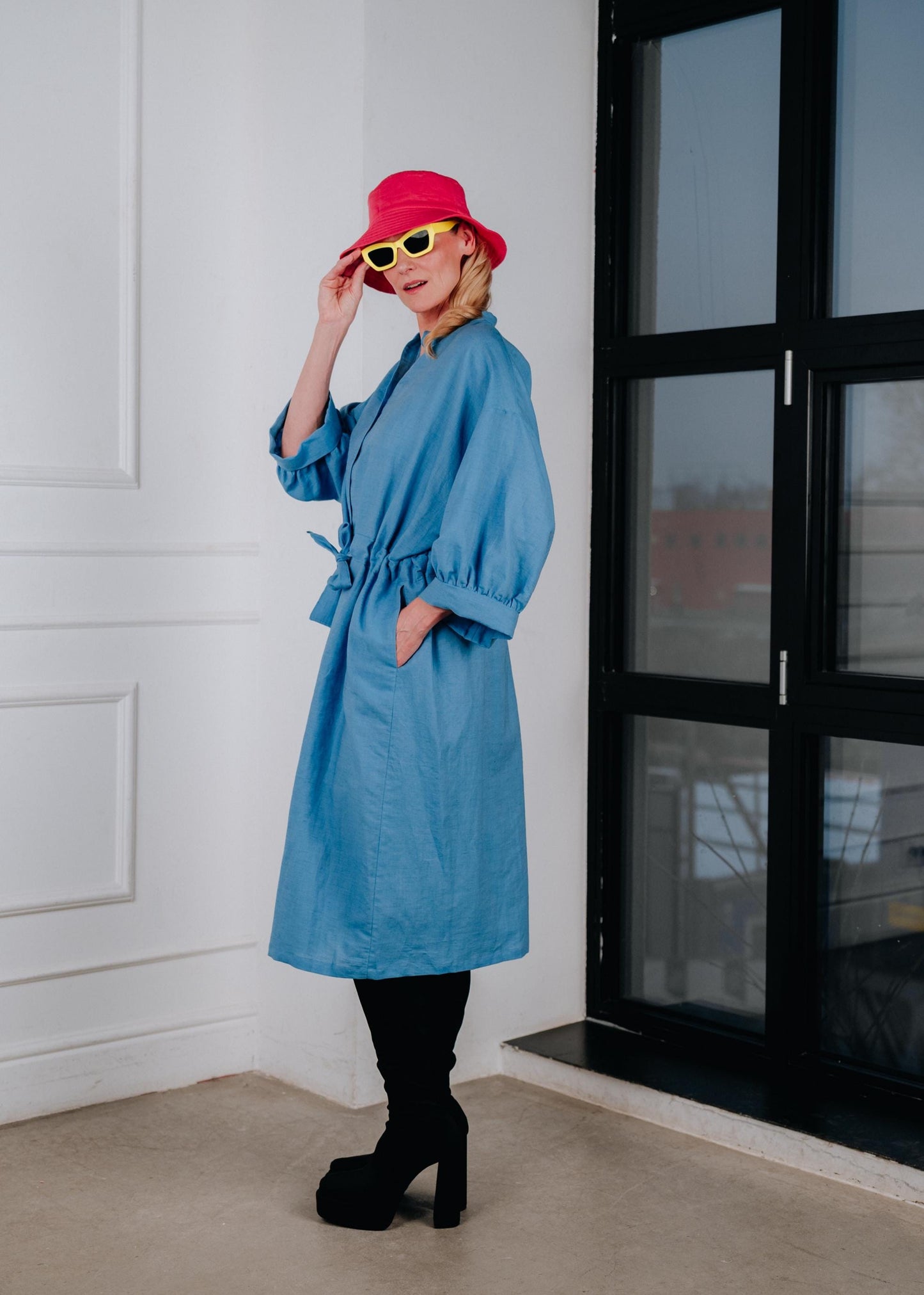 Chic sky blue linen cinched waist shirt dress