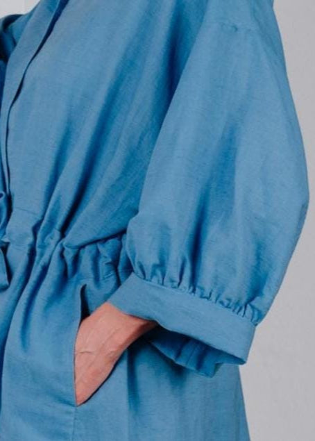 Chic sky blue linen cinched waist shirt dress