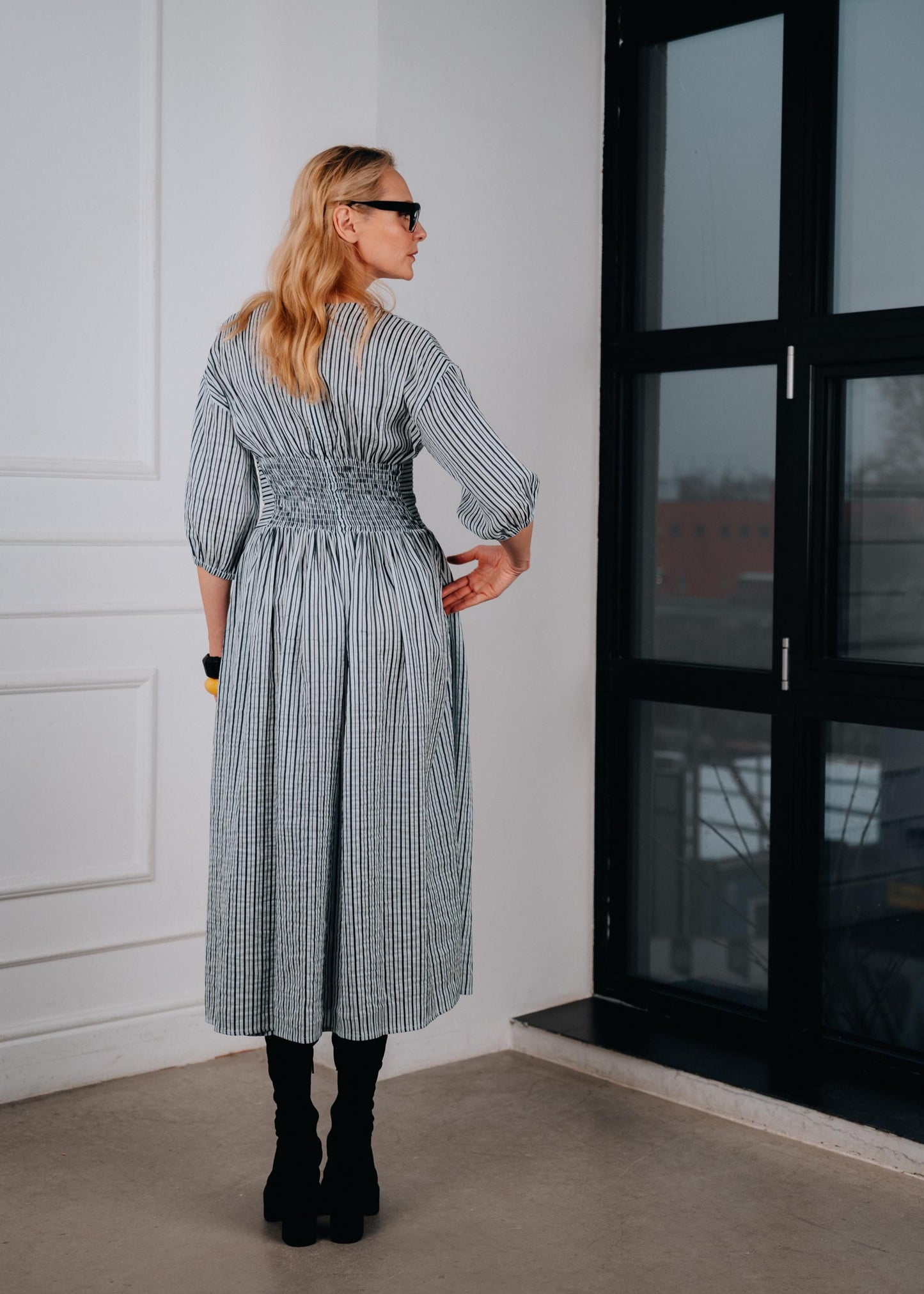 Striped linen V-Neck Midi Dress ‘’ Edith’’