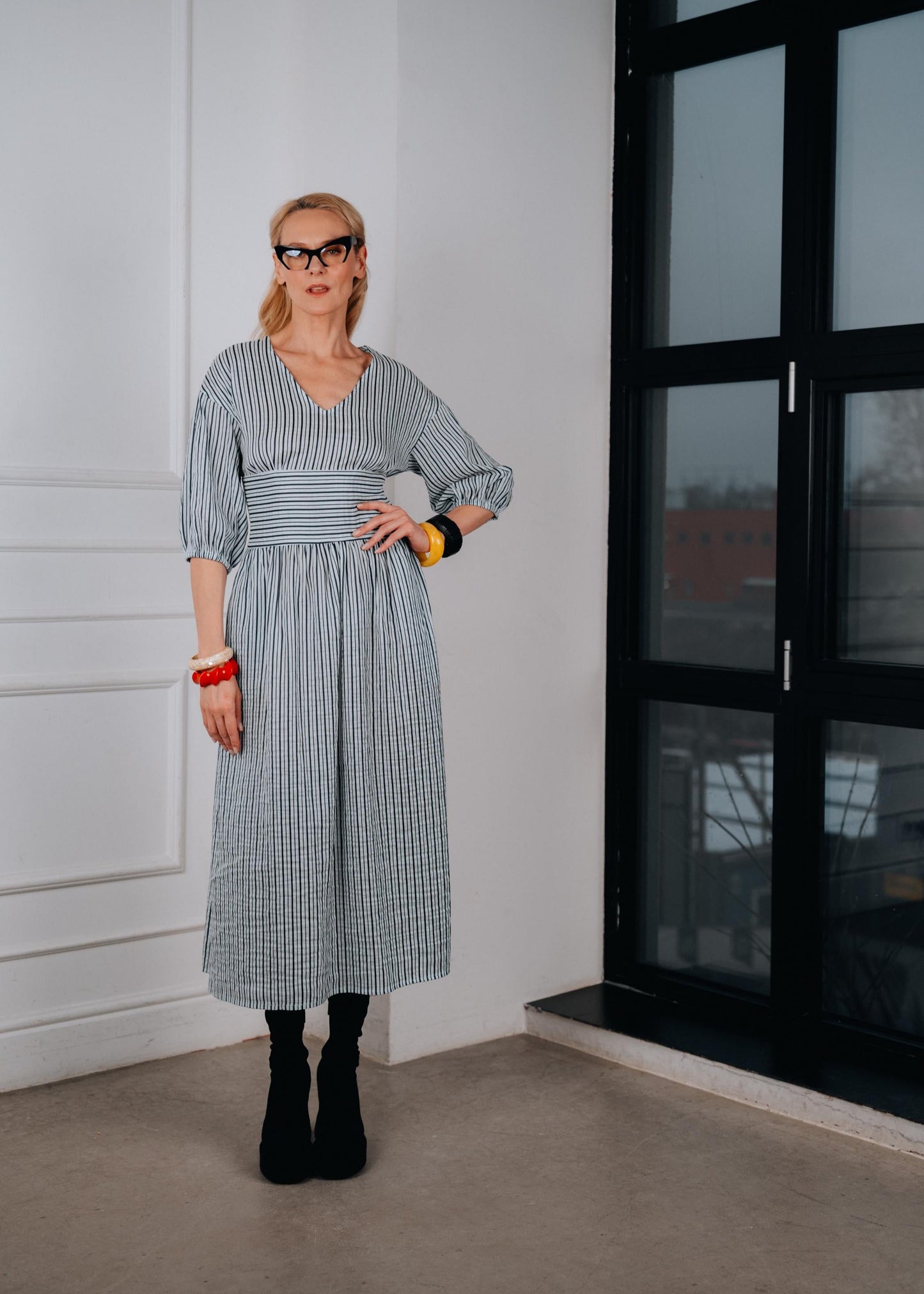 Striped linen V-Neck Midi Dress ‘’ Edith’’