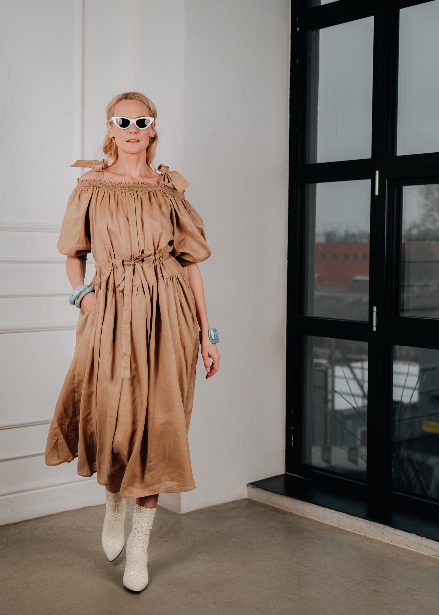 Elegant puff sleeve linen midi dress " FRIDA"
