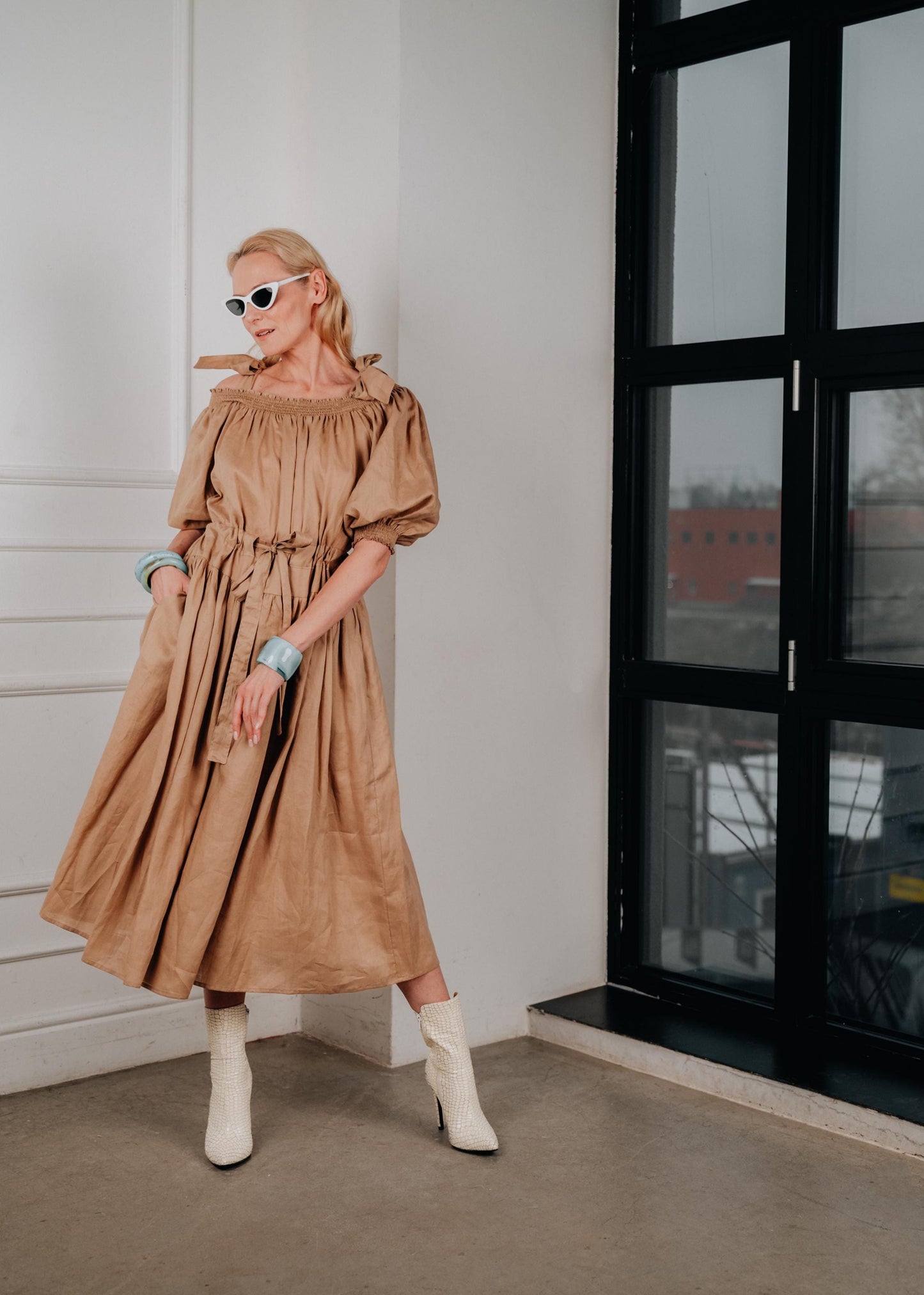 Elegant puff sleeve linen midi dress " FRIDA"