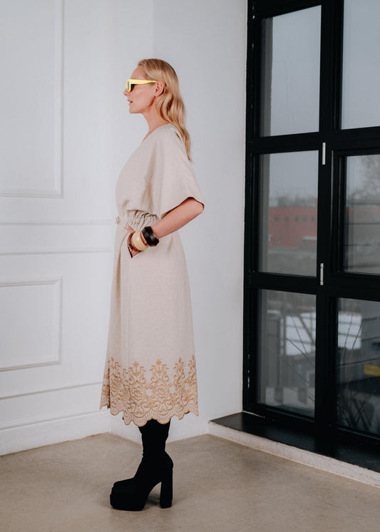Boho kaftan dress with embroidered hem ( OVERSIZED)