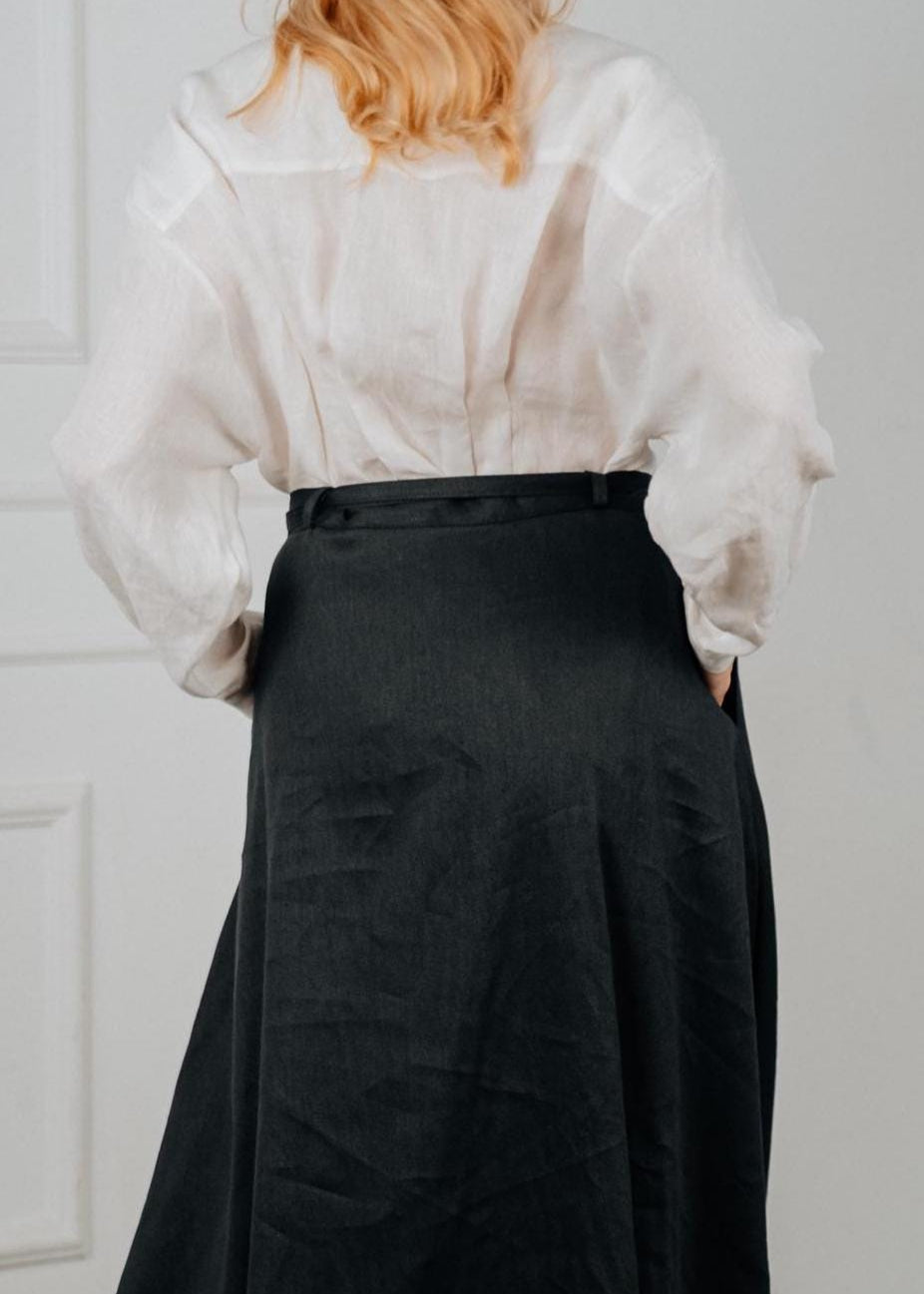 Elegant navy blue linen wrap skirt