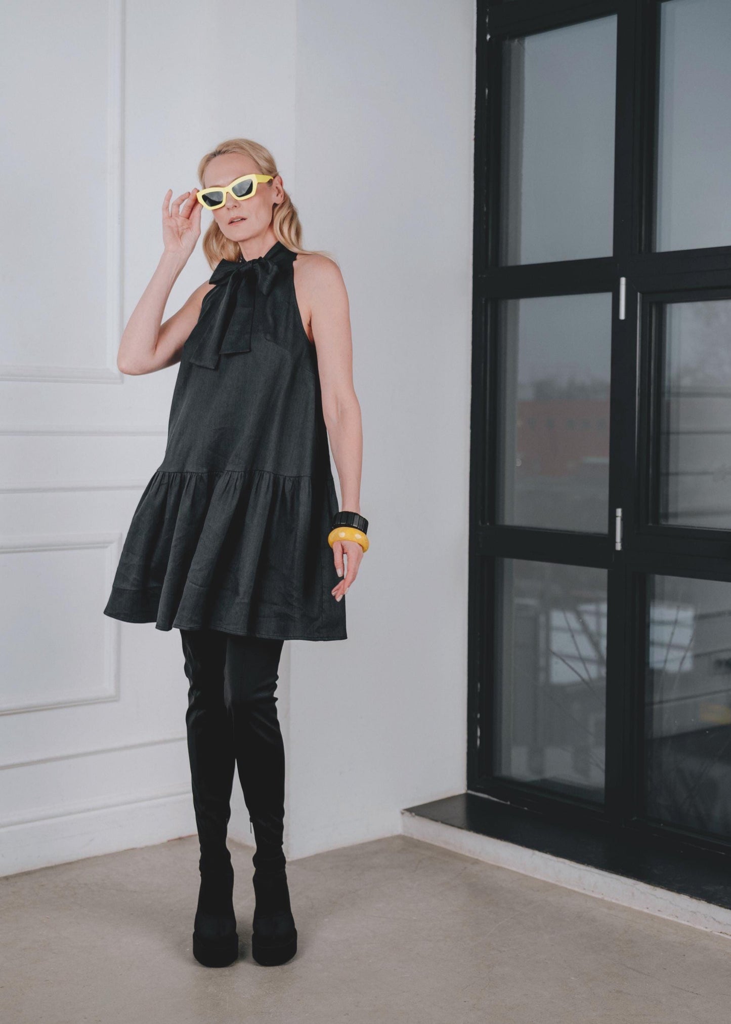 Navy blue linen bow-tie dress " DELPHINE "