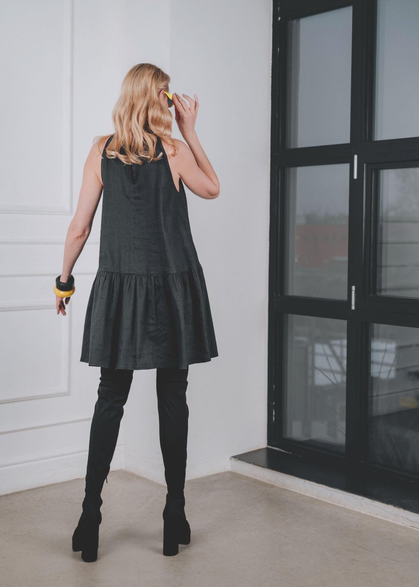 Navy blue linen bow-tie dress " DELPHINE "