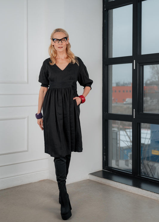 Black linen V-neck midi dress ‘’ Aurelie ‘’