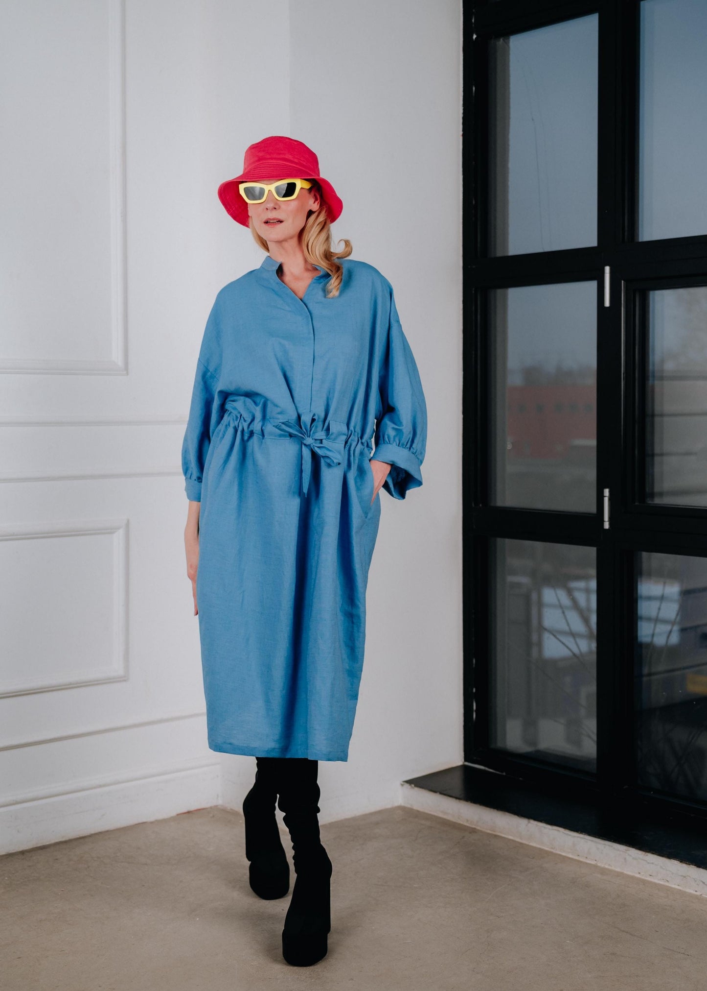 Chic sky blue linen cinched waist shirt dress