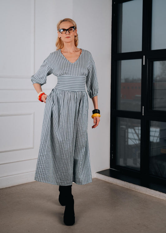 Striped linen V-Neck Midi Dress ‘’ Edith’’