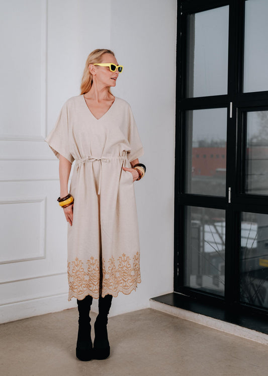 Boho kaftan dress with embroidered hem ( OVERSIZED)