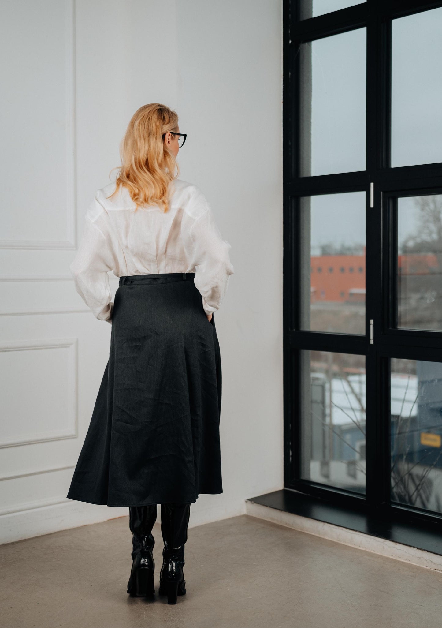 Elegant navy blue linen wrap skirt