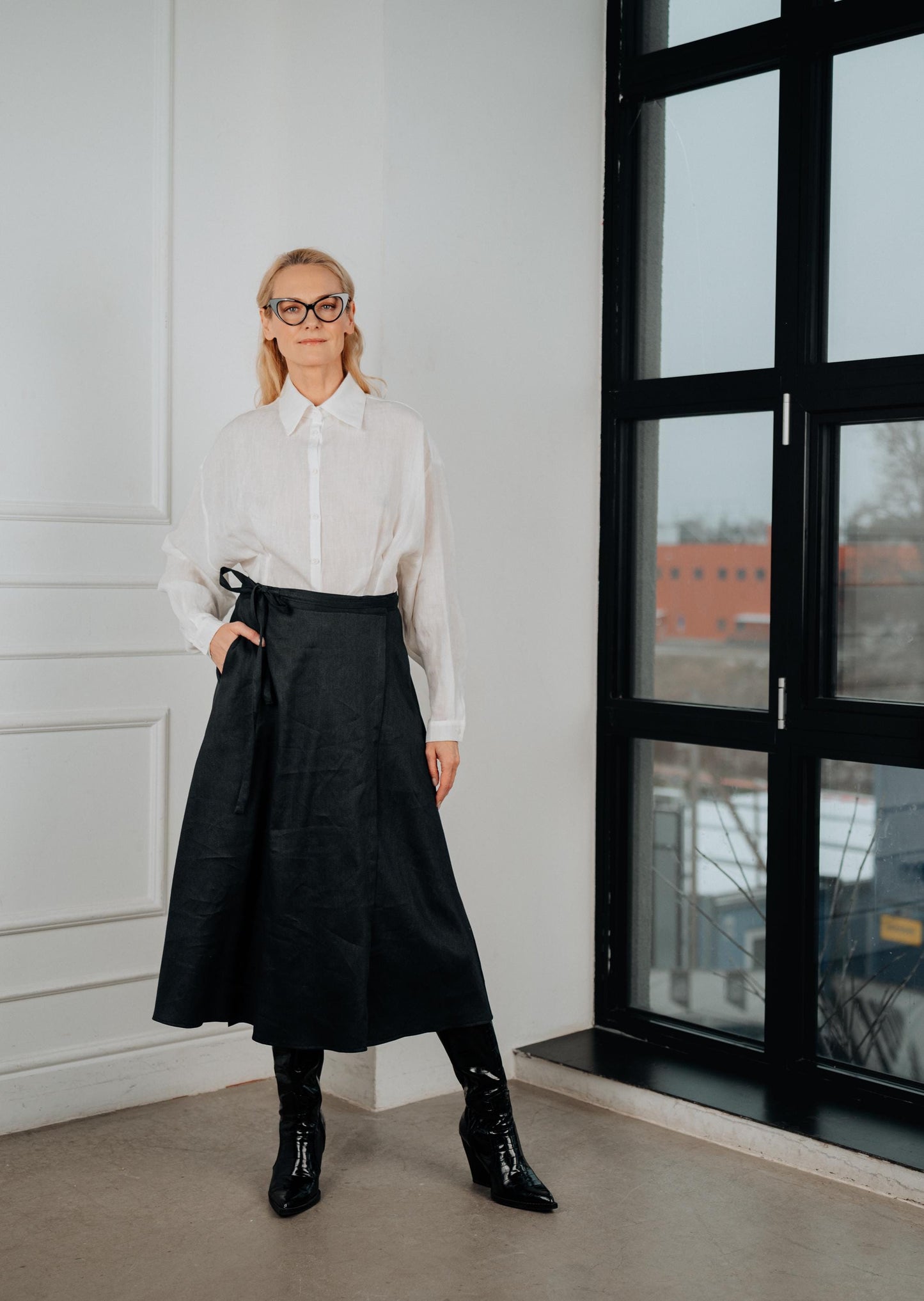 Elegant navy blue linen wrap skirt