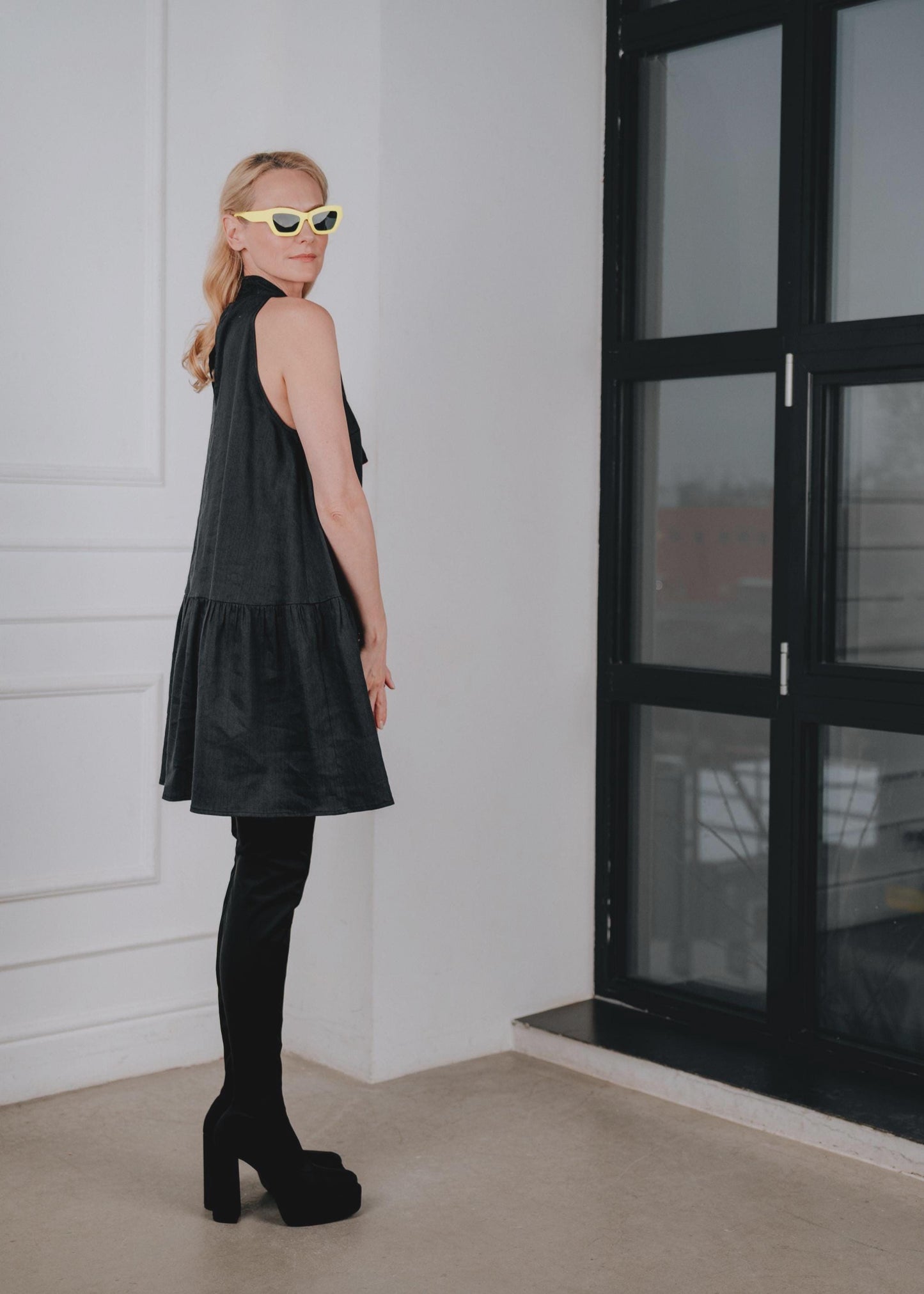 Navy blue linen bow-tie dress " DELPHINE "