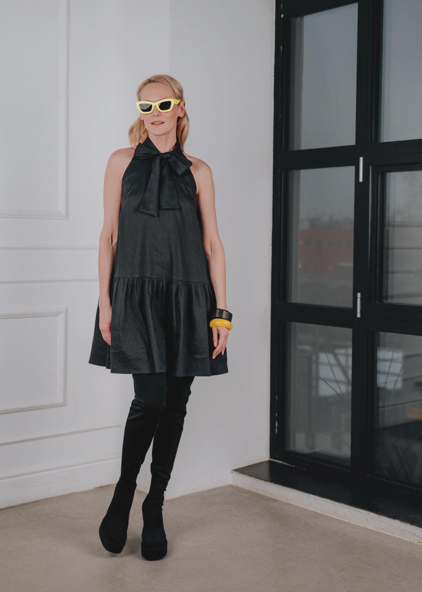 Navy blue linen bow-tie dress " DELPHINE "