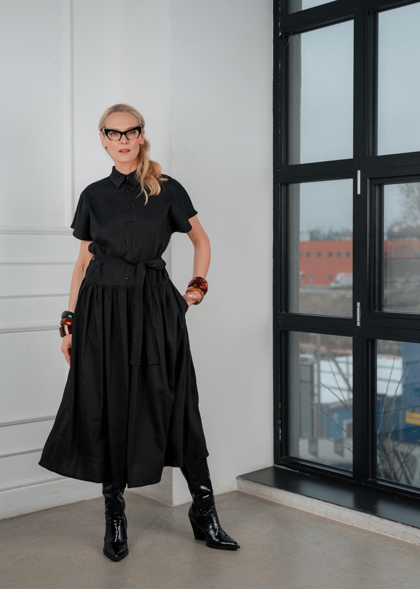 Black linen midi  dress ‘’ Amelie ‘’