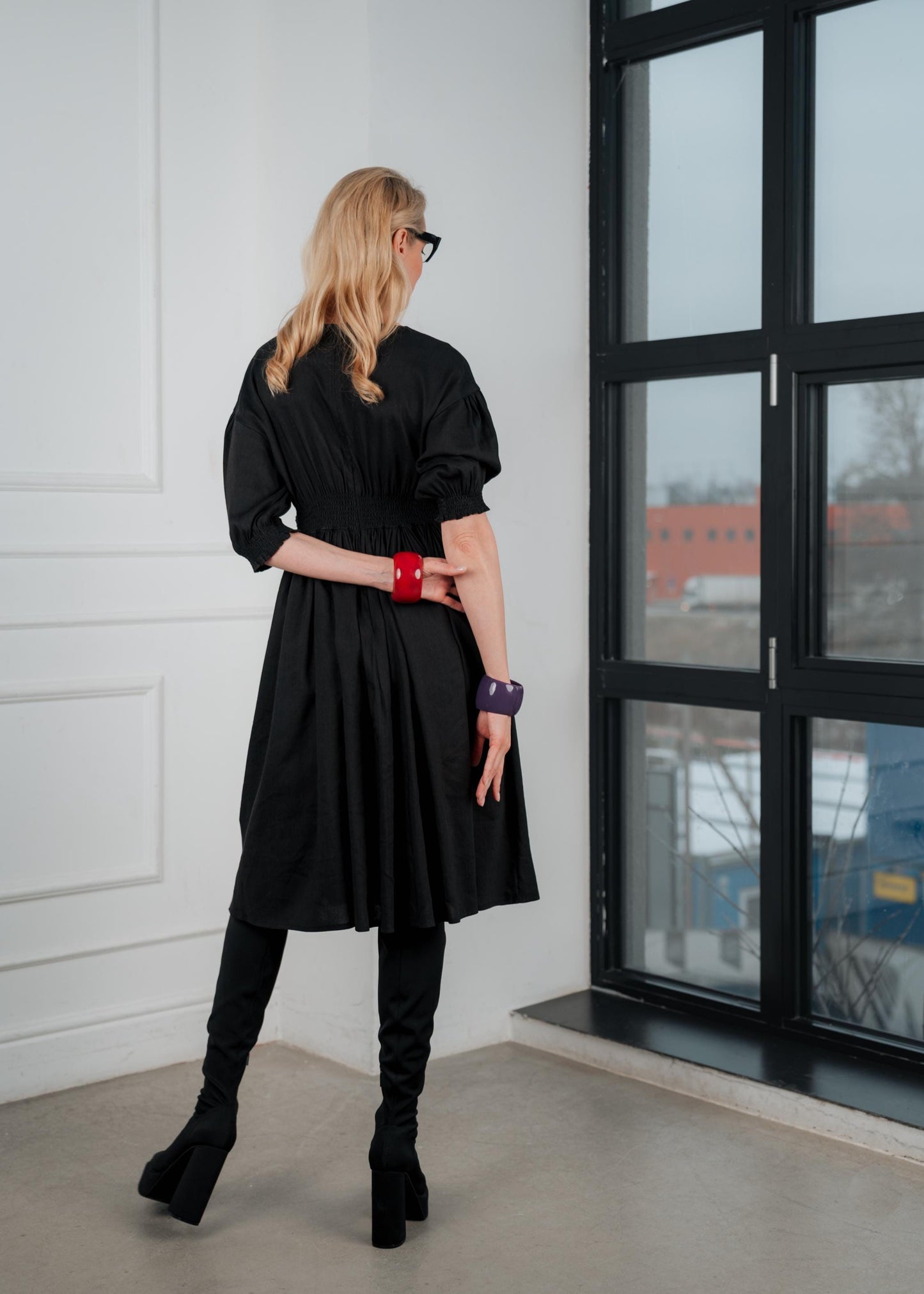 Black linen V-neck midi dress ‘’ Aurelie ‘’