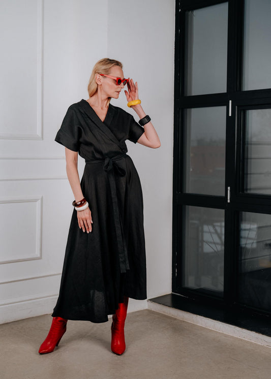 Black linen wrap midi dress ‘’ Vivienne ‘’