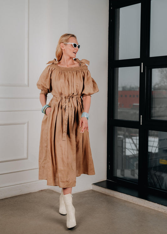 Elegant puff sleeve linen midi dress " FRIDA"