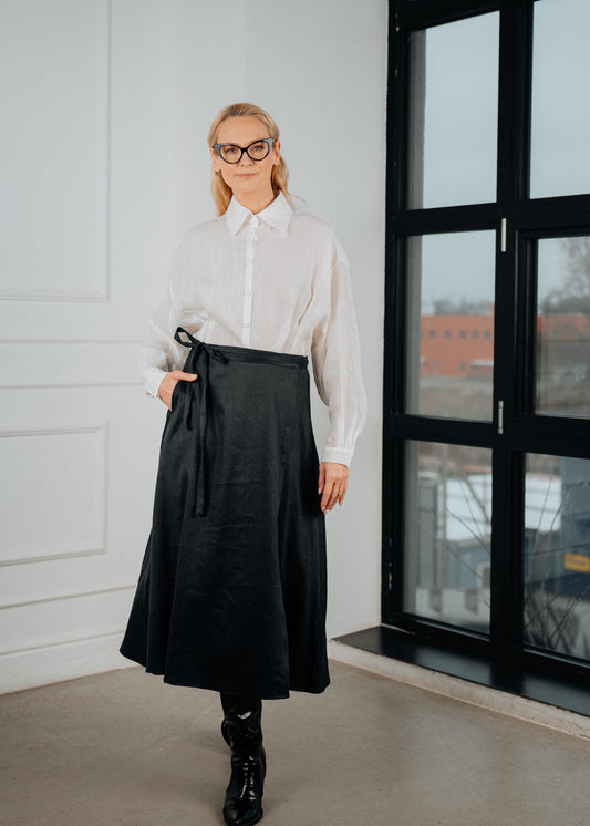 Elegant navy blue linen wrap skirt