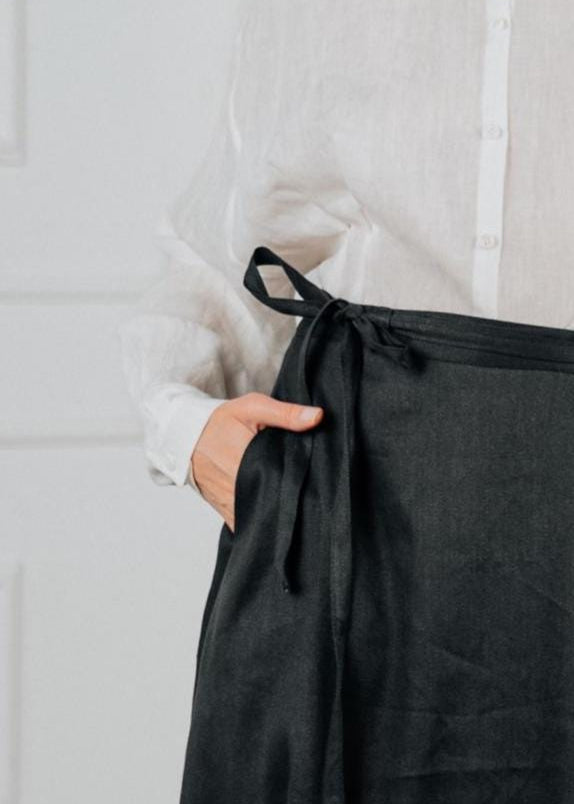 Elegant navy blue linen wrap skirt
